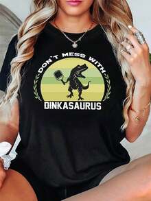 Women's Tops, Women's T-Shirts, Mother's Day, Casual Blouses For Ladies, Women's Tops, 2000s Style, DON'T MESS WITH DINKASAURUS Women's Dinosaur Themed Pickleball T-Shirt, With A Retro Striped Design, Perfect For Casual Wear For Enthusiasts. - 黑色 - 查看 6