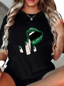 1 Piece Women's Casual Short Sleeve T-Shirt With Green Lips Graphic Print And Nail Art - Soft And Comfortable Crew Neck T-Shirt For Casual Wear, 180g, 100% Cotton. - 黑色 - 查看 6