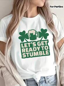 Lightweight And Stylish Short-Sleeved T-Shirt With A Fun St. Patrick's Day Design That Says 'Let's Get Ready To Stumble!', Perfect For Parties And Casual Outings, Ideal For Festive Celebrations At Home Or For Dining Out. Vintage Street Style, Unisex, Cotton, Loose Fit, Crew Neck. - 白色 - 查看 7