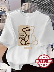 Camiseta de Mujer TH163, Camiseta de Moda con Estampado de Oso y Letras, 100% Cuello Redondo, Manga Corta, Corte Holgado con Hombros Caídos, Absorbe el Sudor y es Transpirable, Casual y Cómoda, Adecuada como Capa Base en Otoño e Invierno o como Prenda Exterior en Primavera y Verano, Camisetas para Salir para Mujer. - Blanco - Ver 7