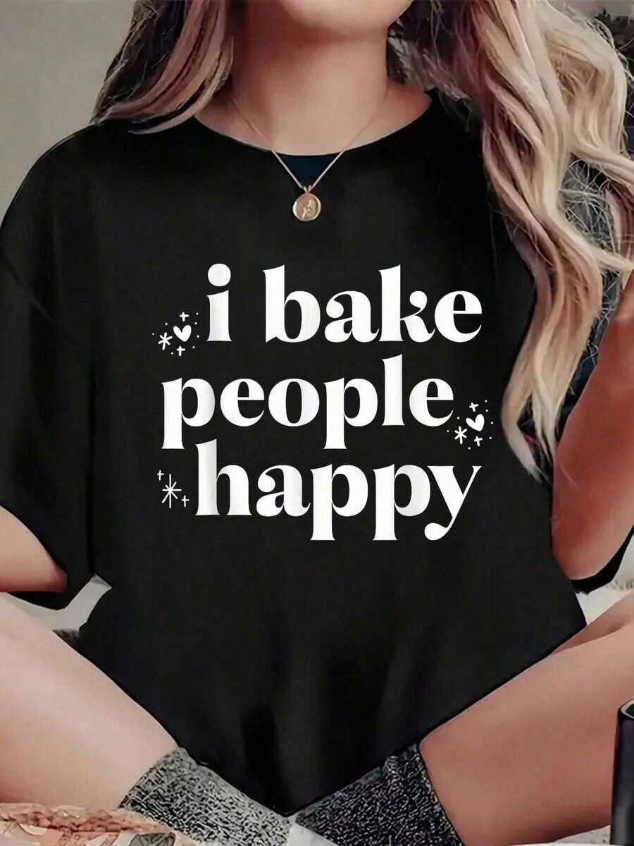 T-Shirt With "I Bake People Happy Cupcake & Cookie Baking Crew Love Bakers" Print, Casual Round Neck Short Sleeve T-Shirt For Summer, Women's Clothing. - 黑色 - 查看 1