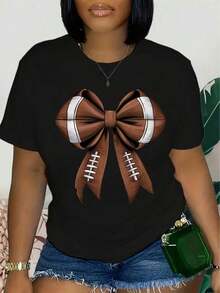 Women's Casual T-Shirt With Football Bow Illustration - Short Sleeve, Round Neck, 100% Polyester, Machine Washable, Perfect For Sports And Casual Wear. - 黑色 - 查看 6