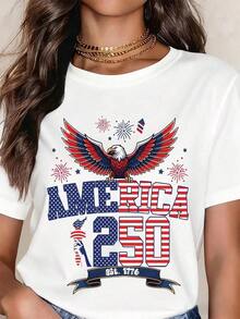 Patriotic T-Shirt With Eagle For US Independence Day 250, Celebrating 1776, United States Flag Design With Stars And Stripes For 4th Of July Festivals And National Holidays, Women's T-Shirts - 白色 - 查看 1