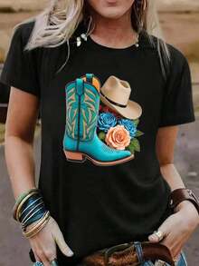 Women's Clothing T-Shirt With Graphic Print Of Boots And Western Cowboy Hat, Casual Short Sleeve Crew Neck T-Shirt For Women, Spring-Summer, For Daily Leisure, Holiday Gift, Women's Shirts - 黑色 - 查看 6