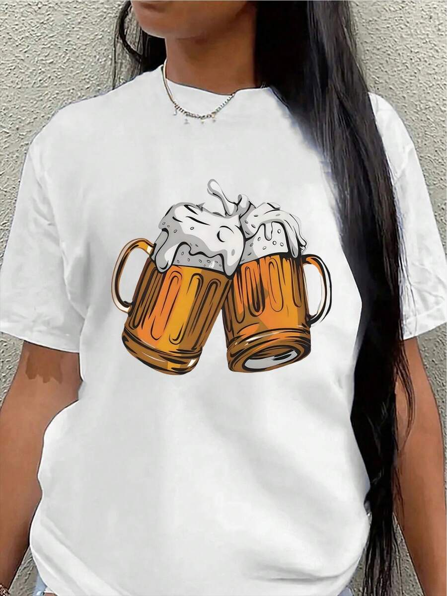 Camiseta de manga corta con estampado de vasos de cerveza, adecuada para uso casual en bares o fiestas, ligera y duradera, perfecta para usar en restaurantes o en casa, ajuste cómodo para adultos.blusas para mujer>ropa - Blanco - Ver 1