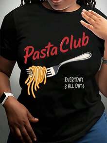 Pasta Club Everyday All Day Women's Cotton T-Shirt, Graphic Tee For Food Lovers For Women And Men, Unisex Casual Wear, Gift Idea For Kitchen, Basic Women's Blouses. - 黑色 - 查看 2