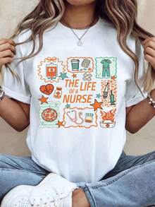 Women's Cotton T-Shirts, "A Nurse's Life" T-Shirt, Gift For Nurses, Medical-Themed T-Shirt, Funny Nurse Clothing, For Healthcare Workers, Nurse Appreciation Day Gift, Women's Basic Blouses. - 白色 - 查看 7