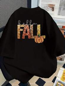 New Short-Sleeved T-Shirt, 180g Weight, % Cotton, With Front And Back Prints - Autumn, Hello Autumn - Fashionable Printed T-Shirt For Women, Spring/Summer, A Fashionable, Versatile And Casual Item - Suitable For Layering In Spring And Autumn Or In Summer, Unisex. - Black - View 2