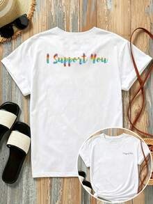 New 180g Short-Sleeved T-Shirt, 1% Cotton, With Front And Back Print - I Support You - Fashionable Printed T-Shirt For Women, Short-Sleeved, Suitable For All Seasons, Modern Clothing - Can Be Worn As A Base Layer In Spring And Autumn Or Alone In Summer, Unisex. - 白色 - 查看 1