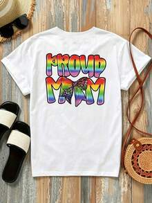 New 180g Short-Sleeved T-Shirt, 1% Cotton, With Prints On The Front And Back - Proud Mom, Proud Mother - Fashionable Printed T-Shirt For Women, Short-Sleeved, Suitable For All Seasons,  Clothing - Can Be Worn As A Base Layer In Spring And Autumn Or Alone In Summer, Unisex. - 白色 - 查看 2