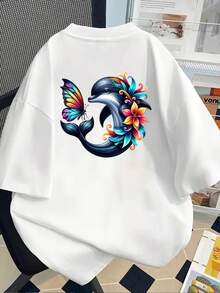 New 180g Short-Sleeved T-Shirt, 1% Cotton, With Front And Back Prints - Dolphin And Butterfly, Ocean-Themed Print - Fashionable Printed T-Shirt For Women, Short-Sleeved, Suitable For All Seasons,  Clothing - Can Be Worn As A Base Layer In Spring And Autumn Or Alone In Summer, Unisex. - 白色 - 查看 2