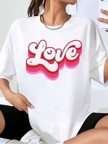 Women's Oversized T-Shirt With Love Graphic Print, Casual Urban Fashion Clothing, Valentine's Day Gift, Summer Outfit - 白色 - 查看 1
