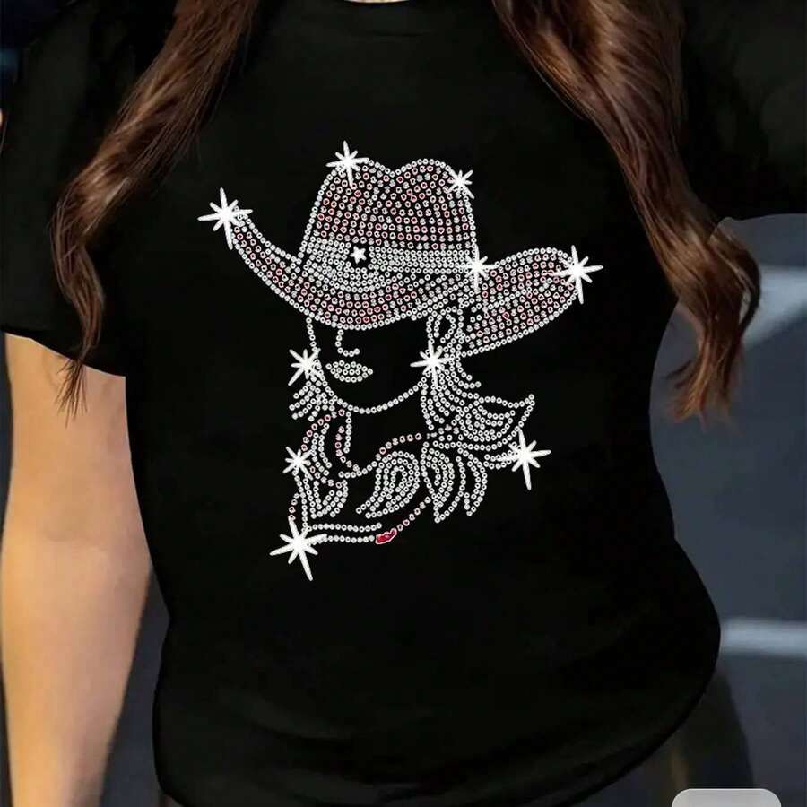 Women's T-Shirt With Sparkling Golden Cherry Design - 黑色 - 查看 1