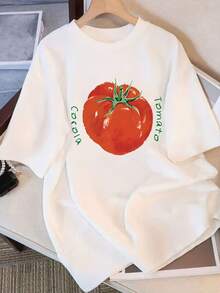 Modern And Minimalist Women's T-Shirt06, Loose-Fitting, Round Neck, Versatile, With A Youthful Tomato Print, Casual And Comfortable, Short Sleeve, Regular Fit, Suitable For All Seasons, For Everyday Casual Wear - 白色 - 查看 1