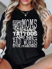 Camiseta holgada de gran tamaño con estampado "MOMS" para mujer - Tejido casual con cuello redondo, comodidad para todas las estaciones, top festivo para vacaciones, 1 pieza, 200 g/m², manga corta, camisetas para mujer, camiseta gráfica, camisetas gráficas para mujer, camiseta de verano, camiseta casual, camisetas de verano, tops, conjuntos de verano para mujer, camiseta casual cómoda de manga corta con cuello redondo, blusas elegantes para dama. - Negro - Ver 5