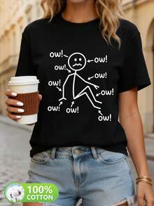 Women's Casual Short Sleeve T-Shirt - With Fun "Ouch!" Print. Casual Style, Round Neck, Breathable 100% Cotton Fabric, Machine Washable, Casual Wear For Spring, Summer And Autumn, Available In Multiple Colors, Stylish Blouses For Women. - 黑色 - 查看 7