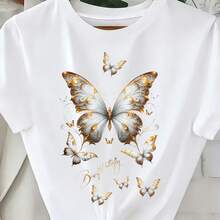 Gold Butterfly Animal Print Round Neck Plus Size Short Sleeve T-Shirt White - White - View 4