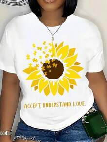 Sunflower Autism Awareness T-Shirt, Acceptance, Understanding And Love T-Shirt For Men And Women, Autism Support Gift, Summer Casual Wear, 220g - Urban Vintage Style, Unisex Short Sleeve Crew Neck T-Shirt Made Of 100% Pure Cotton - 白色 - 查看 3