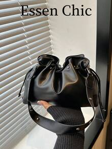 1pc Black Metal Rivet Decor Solid Color PU Bucket Bag, Women Shoulder Bag For Summer - Black - View 8
