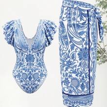New Swimsuit Set In Blue With Vintage Print, Two-Piece Swimsuit With Skirt, Sexy Women's Swimsuit With Deep V-Neck And Lace Sleeves. - 青花瓷泳裝 - 查看 5