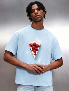 Men's Light Blue Raspberry Cheesecake Print T-Shirt, Casual Crew Neck Short Sleeve Street Style T-Shirt - Baby Blue - View 9