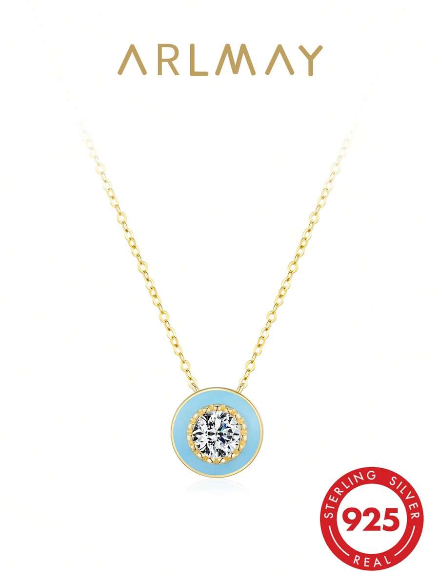 1pc 925 Sterling Silver Luxury Elegant Round Blue Enamel Cubic Zirconia Pendant Necklace, Exquisite Jewelry For Women Wedding Engagement - Gold - View 1