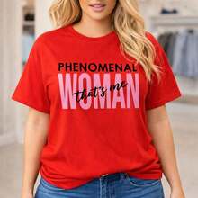Women's Graphic T-Shirt "Phenomenal Woman", Cotton, Short Sleeve, Casual Style, Loose Fit, Round Neck, For Everyday Wear, Sizes M-5XL, Pink Letter Print, Comfortable Basic T-Shirt, Soft Clothing. - 紅色 - 查看 1