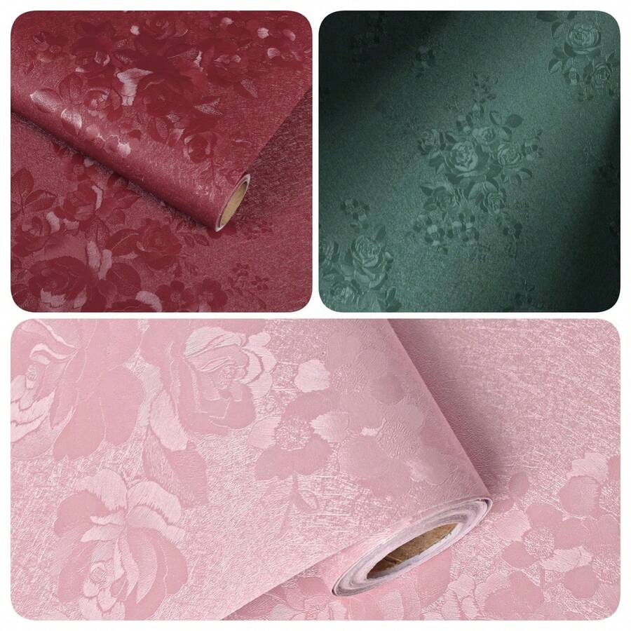1 捲自黏式清新綠色玫瑰 PVC 壁紙，臥室柔美裝飾家居裝飾，書桌櫃子家具翻新，防水防潮貼紙 45cm*100cm/300cm/500cm