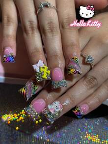 Sanrio Hello Kitty 24片中號鴨豹紋與彩虹法式穿戴甲，附可愛3D Hello Kitty、蝴蝶結、星星、水鑽與十字設計，貼合假指甲套組，含1片果凍膠與1片指甲锉，適合女孩日常與派對使用 - 彩色 - 查看 2
