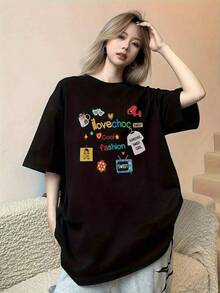 New 2026 Women's T-Shirts, Couple T-Shirts, Modern Fun Printed T-Shirt, Original Design, Urban Style, Casual, Comfortable, Suitable For Everyday Wear, Available In Black, Fashion Clothing - 黑色 - 查看 6