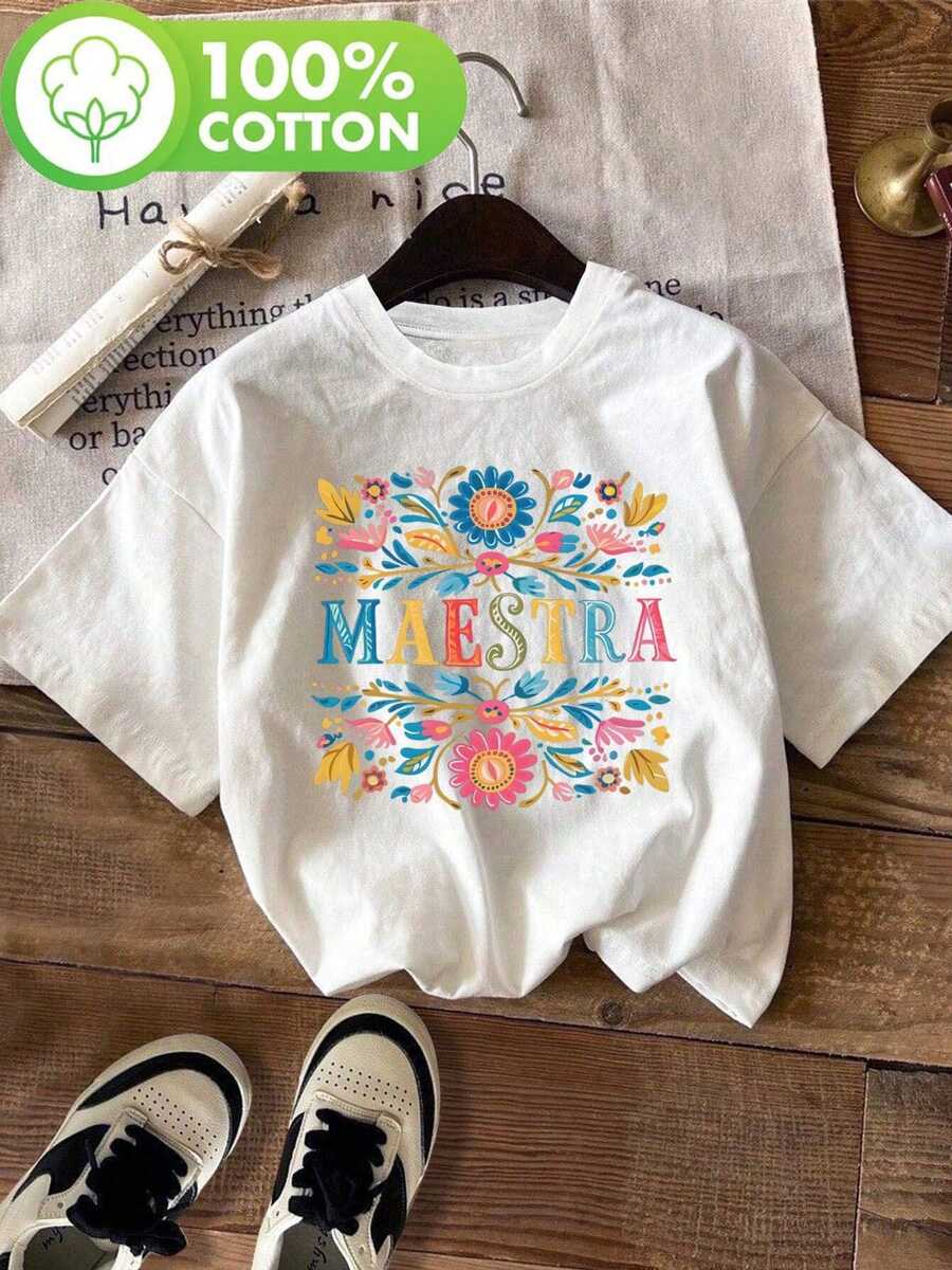 Floral Print T-Shirt For Day Of The Dead Teacher - Casual Round Neck T-Shirt, Ultra Soft, Breathable, With Summer Print, Short Sleeve, Suitable For Summer And Spring, Women's Clothing, Blouses For Women. - 白色 - 查看 1