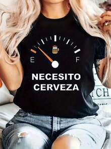Camiseta de punto de poliéster suave e informal con estampado "Necesito Cerveza", cuello redondo, manga corta regular, corte cómodo para todas las estaciones, camisetas de manga corta para mujer, camisetas con estampado, camisetas gráficas para mujer, camisetas de verano, camisetas informales, camisetas de verano, tops, conjuntos de verano para mujer, camiseta casual cómoda de manga corta con cuello redondo, blusas elegantes para dama. - Negro - Ver 7