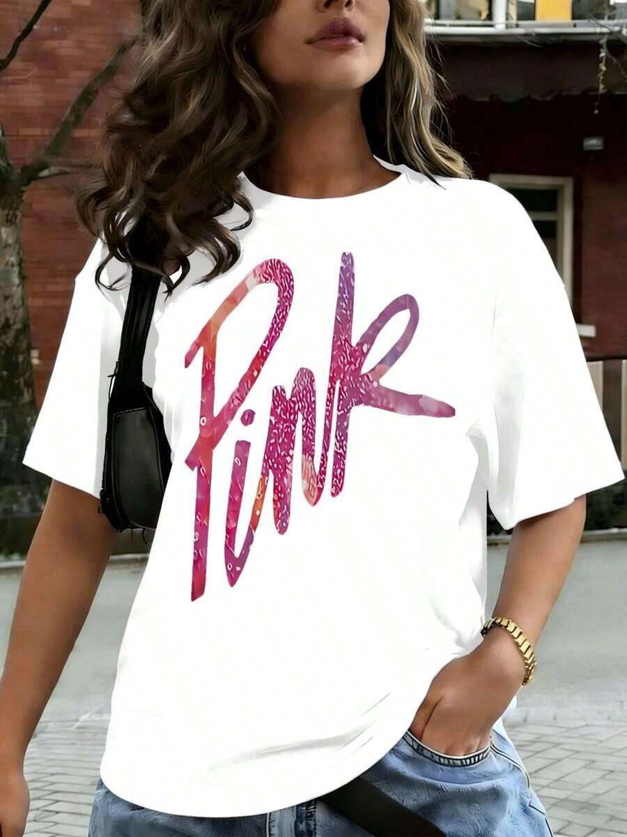 Women's Casual T-Shirt, Bright Pink With Graphic Design, Short Sleeve, Comfortable For Casual And Elegant Outfits, Lightweight And Breathable, Machine Washable, Regular Fit, Round Neck - 白色 - 查看 1