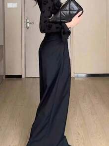 Pantalones de pierna ancha y cintura alta plisados de unicolor con bolsillos en diagonal - Negro - Ver 2