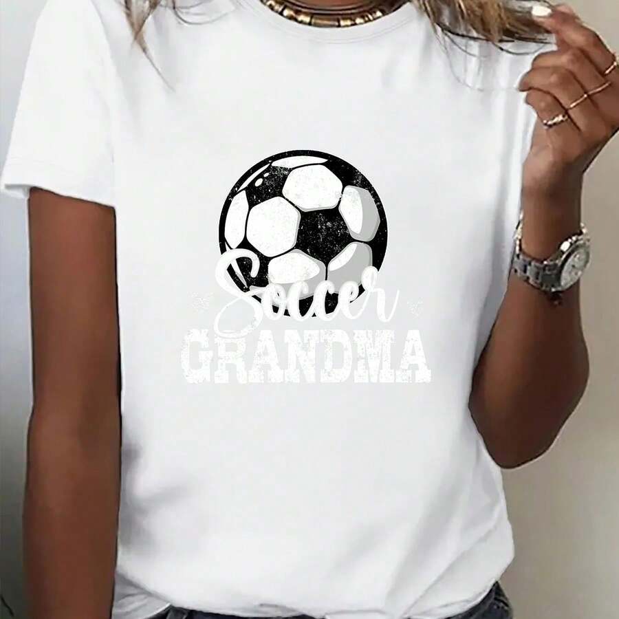 Women's Printed Crew Neck T-Shirt, USA-Mexico Clothing Series, Fashionable Crew Neck T-Shirt For Women, With A Soccer-Fascinating Grandma Heart Print, An Eye-Catching And Versatile Item. Cheer On The Team With This Garment. New Comfortable Short Sleeve Style For Spring/Summer, Suitable - 白 - 查看 1