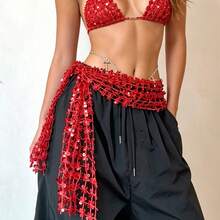 1pc New Sequin Hollow Waist Accessory, Tassel Waist Belt, American Style Mini Hip Scarf, Suitable For Belly Dance And Jazz Dance Waist Belt, Shiny Multi-Layer Tassel Skirt Hem, Applicable For Stage Performance, Nightclub, Disco, Party, Evening Dress Decoration - Multicolor - View 2