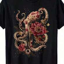 Printed T-Shirt Made Of 180 G/M² Pure Cotton With A Retro Octopus, Squid, And Sea Flower Design, Featuring Vintage Marine Life Graphics. Made From Premium Knit Cotton, It's Soft, Lightweight, Breathable, Durable, Wear-Resistant, Easy To Wash, And Comfortable For Ocean Enthusiasts And Casual Wear. - 黑色 - 查看 8