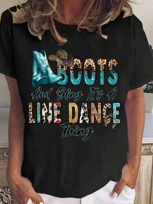 Women's Short-Sleeved T-Shirt With A Round Neck And A Graphic Design Of Cowboy Boots And Line Dancing. Made From 100% Premium Cotton, This Printed Design Is Perfect For Casual Wear. A Great Gift Idea For Women. - 黑色 - 查看 6