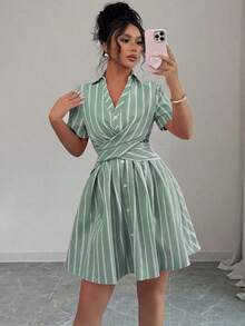 Women's Summer Shirt Dress, V-Neck, Raglan Sleeves, Crossover Waist Tie, Pink Stripes - Grey - View 1