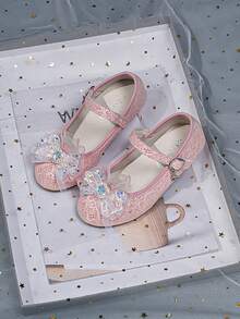 Girls' Sequin Mary Jane Shoes, Crystal Bow Decor, Soft Flat Princess Shoes Suitable For Party And Daily Wear - Pink - View 1