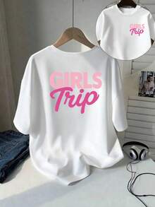 | Exquisite Design | Loose And Comfortable | Easy To Match | Short-Sleeved Printed T-Shirt With Front And Back Designs - Girls Trip - Fashionable Printed T-Shirt For Women, Spring/Summer,  Item, Versatile And Casual. - 白色 - 查看 7
