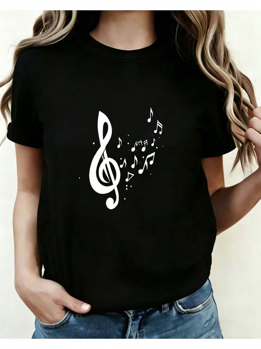 Women's Casual Sports T-Shirt - Black Elastic Round Neck T-Shirt With White Treble Clef Design, Machine Washable, Comfortable Fit And Perfect For All Seasons, For Music Lovers. - 黑色 - 查看 1