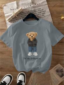 Women's Casual T-Shirt With Cartoon Bear Print - "THINK Different" Print, Soft And Stretchy, Round Neck And Short Sleeves, Ideal For The Gym And Outdoor Activities - Available In Multiple Colors And Sizes, Cute And  Printed T-Shirt, Stretchy Fabric, Fashionable Printed Top 180g 100% Cotton. - 黑色 - 查看 8