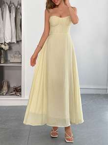 New Spring-Summer Maxi Dress For Women, Casual Holiday Style, Thin Straps, Fitted Cut, Flattering Design, Cool, Perfect For Vacation, Beach, Walks And Day Looks - 黃色 - 查看 2