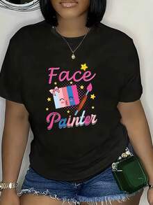 1 Women's Casual Short Sleeve T-Shirt With Painter Print - Summer Top With Round Neck, Fun Paintbrush And Star Design, Breathable Fabric, Machine Washable, Standard Fit, Geometric Pattern T-Shirt, Semi-Transparent Material, Suitable For Daily Wear, Soft Texture, Adult Size, 180g, 100% Cotton. - 黑色 - 查看 11