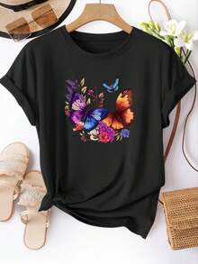 Limited Time Offer, Limited Quantities, Flash ! Women's Casual Shirts, Women's Polyester T-Shirts, Elegant Shirts. Short-Sleeve T-Shirt With Colorful Butterfly Print | Women's Casual Crew Neck Top, Ideal For Everyday Wear In Spring/Summer - 黑色 - 查看 1