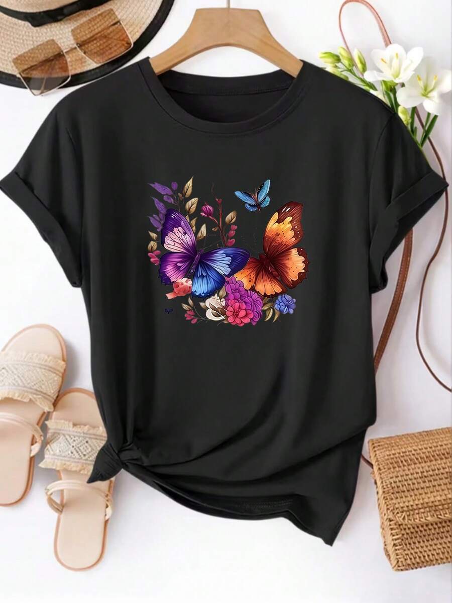 Limited Time Offer, Limited Quantities, Flash ! Women's Casual Shirts, Women's Polyester T-Shirts, Elegant Shirts. Short-Sleeve T-Shirt With Colorful Butterfly Print | Women's Casual Crew Neck Top, Ideal For Everyday Wear In Spring/Summer - 黑色 - 查看 1