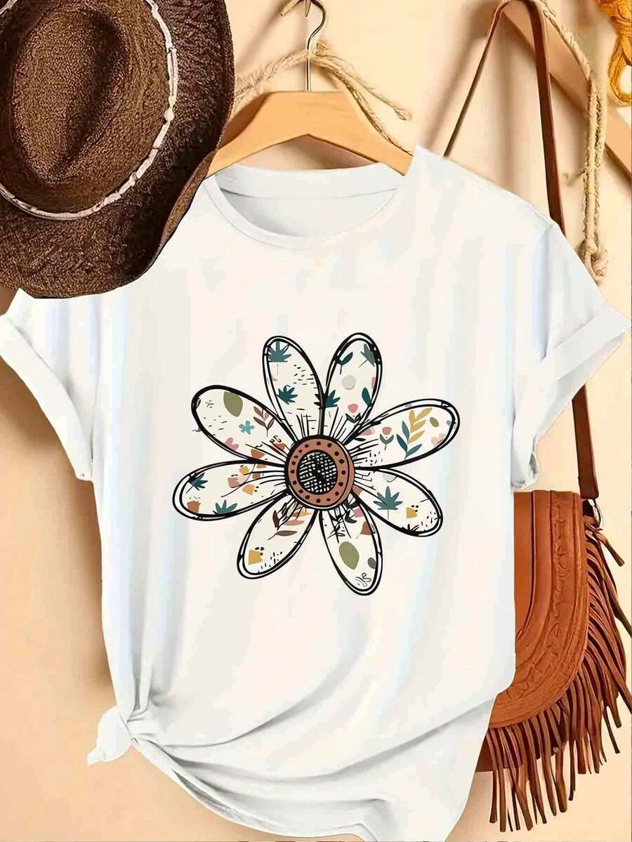 ¡Oferta por tiempo limitado, unidades limitadas,  relámpago! Camisas casuales para mujer, camisetas de poliéster para mujer, camisas elegantes.Camiseta de moda para mujer, 1 pieza, cuello redondo, manga corta, poliéster, serie de estilo casual, para toda temporada, con estampado creativo de flores y letras pintadas - Blanco - Ver 1