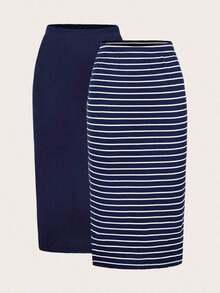 2 piezas Conjunto de falda casual de mujer a rayas y de unicolor, Conjunto a juego, Falda, Faldas para mujer, Falda a rayas, Casual - Azul - Ver 3