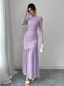 Vestido largo de manga larga con cuello redondo y malla para mujer, vestido casual de otoño.Adecuado para ropa de otoño, atuendo de regreso a clases, atuendo de maestro - Lila Púrpura - Ver 1
